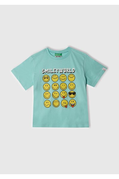 United Colors of Benetton Boy's Aqua Green Smiley World Printed Logo Label T-...