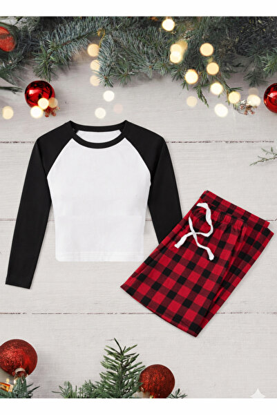 BALİNA Дамски черен раглан с ръкави, тясна кройка, червен тартан, широки крачоли