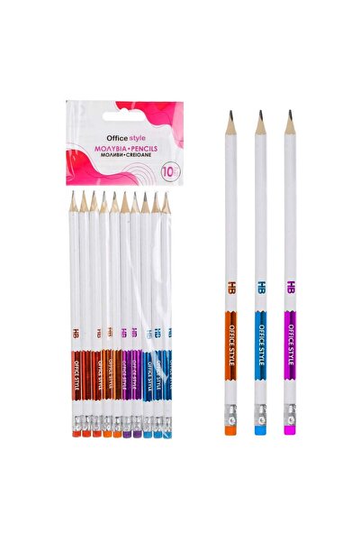 OEM Set Creioane HB Albe cu Model din Folie & Radiera Colorata - 10buc