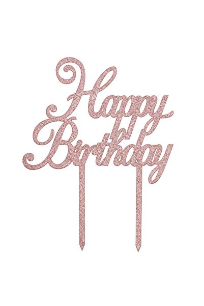 OEM Topper Tort Happy Birthday din Plastic Roz Auriu cu Glitter 12x16cm