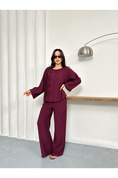 Nazline طقم نسائي من قماش الموسلين بأكمام وأرجل مزينة بشريط أمامي وأزرار، صنع...