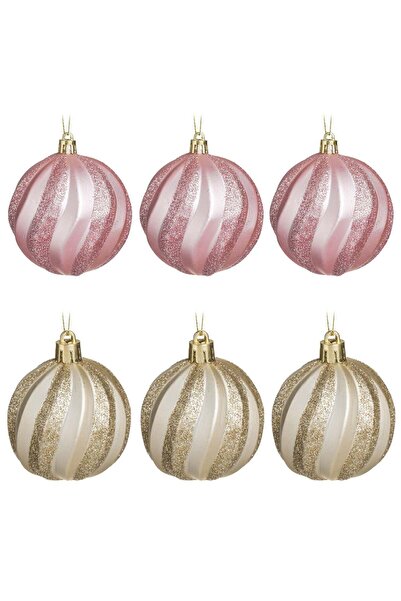 OEM Set Globuri de Craciun Roz Sampanii cu Dungi Reliefate & Glitter Mat Ø8cm...