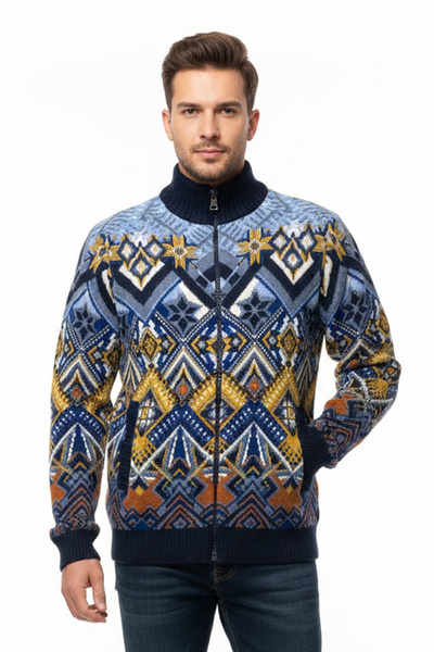 Pulltonic Men's Zippered Ethnic Patterned Cardigan