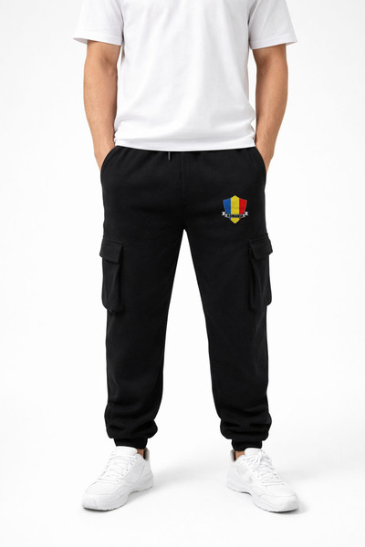 MODA Romania Logo Printed Black Cargo Pocket Rubber Leg Men's Sweatpants