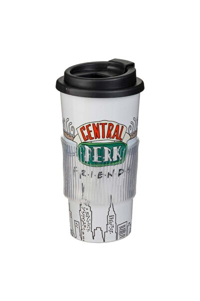 OEM Pahar din Plastic Alb cu Model Friends & Capac Negru pentru Cafea 290ml