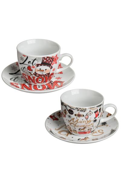 OEM Set 2 Cesti din Portelant cu Farfurii Albe & Modele 200ml