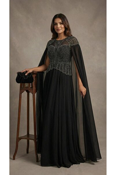 MİSS DİAMOND Modern Cape Cut Silver Embroidered Off Black Long Evening Dress