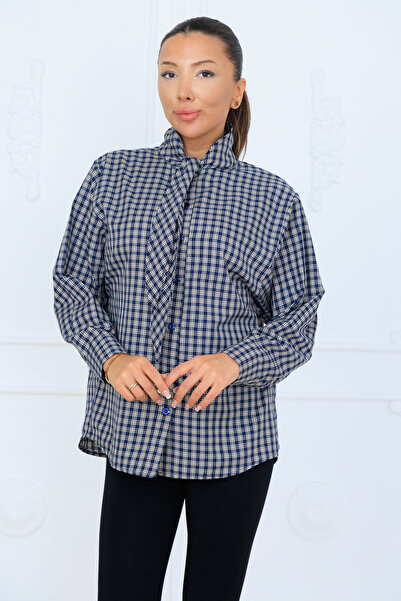 MODAMERSİ Women's Navy Blue Plaid Patterned Shirt with Scarf Detail