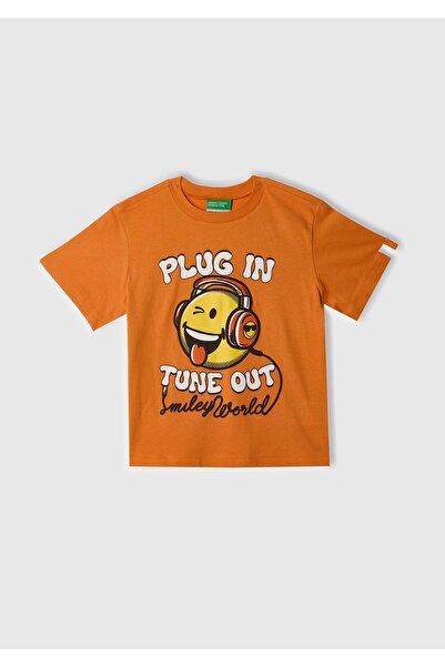 United Colors of Benetton Boy's Orange Smiley World Printed Logo Label T-Shirt