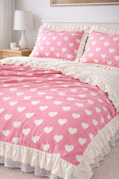 GÖRMEZ TEKSTİL Leyla Pink - Λευκό Σετ Παπλωματοθήκης με Διπλό Βολάν από Φυσικ...