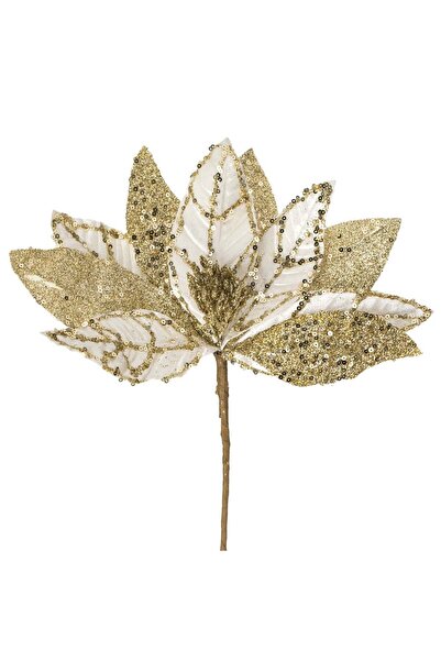 OEM Floare Decorativa de Craciun Ecru Catifelata cu Glitter Sampaniu 26cm