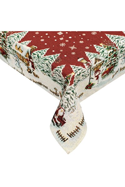 OEM Christmas Tapestry Tablecloth Ecru with Snow Village Pattern 120x120cm