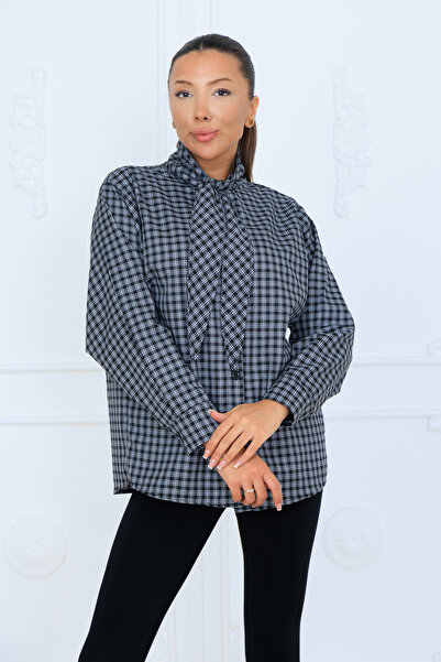 LE CARAMBOLE Women's Black Plaid Patterned Shirt with Scarf Detail