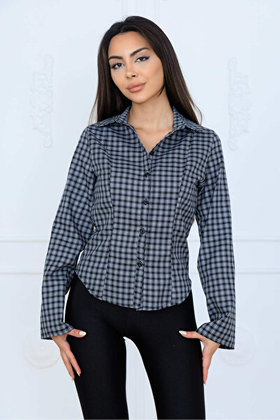 LE CARAMBOLE Women's Black Plaid Patterned Fitted Shirt