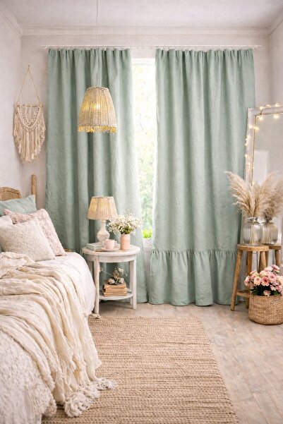 shules collection Natural Vintage Mint Linen Curtain with Ruffles at the Bott...