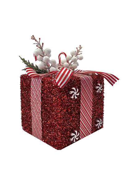 OEM Decorative Christmas Gift from Red Tinsel with Candy Ribbon 15x15x18cm