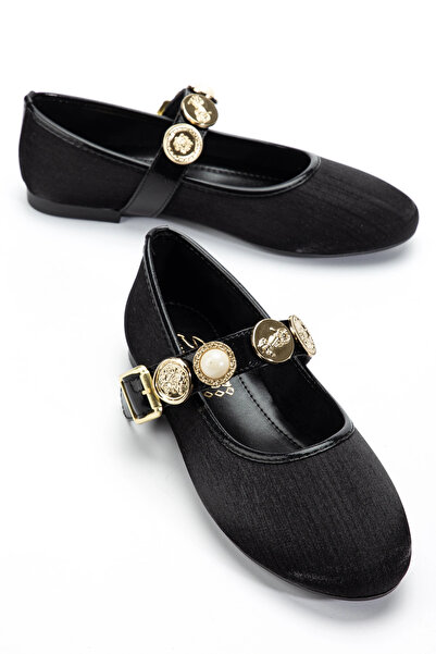 bakacstore Women's Black Gold Accessory Stylish Shiny Fabric Ballerinas