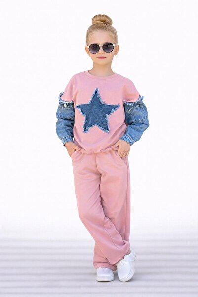 Bambam طقم بدلة رياضية للفتيات بتفاصيل نجمة وأكمام بالون من قماش الدنيم، طقم ...