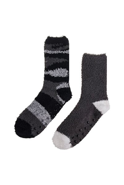 OEM Men's Black Gray Fluffy Anti-Slip Socks - 2 Pairs