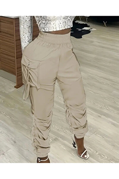 nedo7 Women's High Waist Elastic Waist Cargo Pocket Detailed Gabardine Trousers