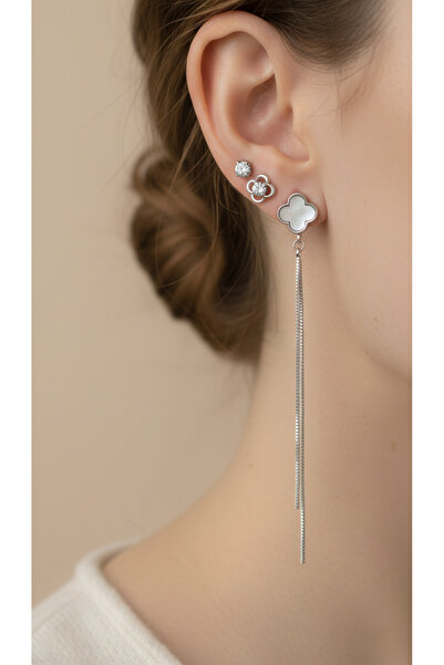 Lune Design 3’lü Gümüş Rengi Lüks Çelik Küpe Seti - İkonik Sedefli Yonca ve Z...