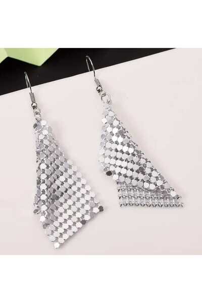 sarıyer silver White Color Sequined Steel Earrings Dangle Model Glittering De...