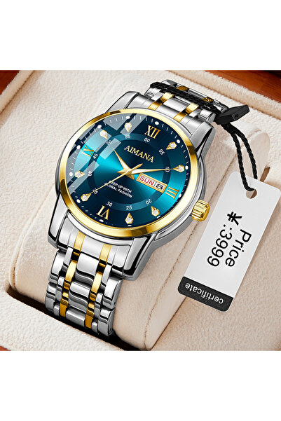 AIMANA Luxury Men's Watch - Two-Tone Gold & Silver, Gradient Blue Dial, Cryst...