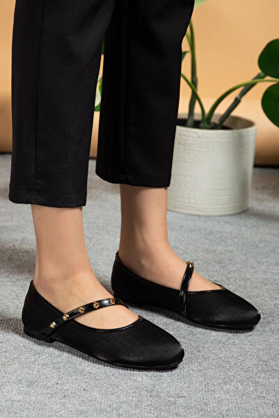 bakacstore Kadın Siyah Gold Aksesuarlı Şık Parlak Kumaş Babet