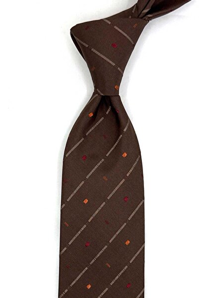 Kravatkolik Mandria Style Brown Line Pattern Italian Silk Tie İk2303