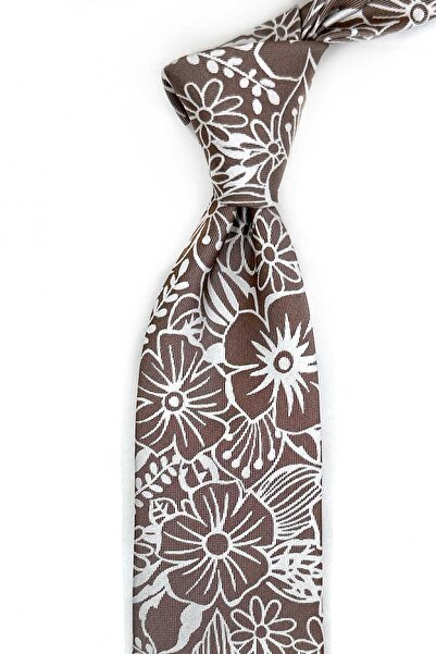 Kravatkolik Caprie Style Beige Floral Pattern Italian Silk Tie İk2275