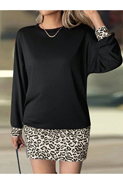 nedo7 Women's Long Sleeve Crew Neck Top Viscose Two Thread Bottom Leopard Pri...