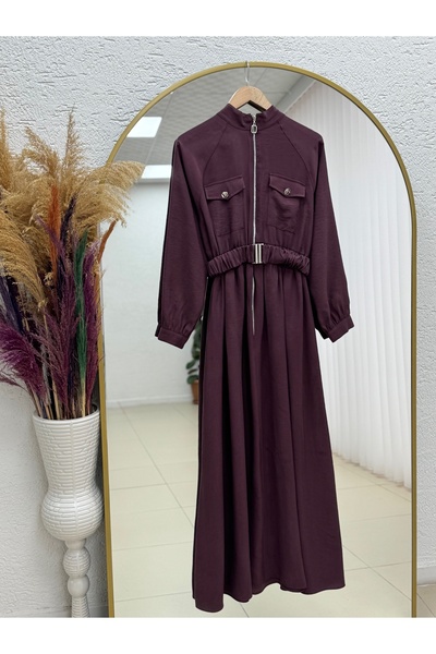 MİHRA STORE Ulku Belted Drawstring Half Zipper Double Pocket Dress-Mn801 Plum