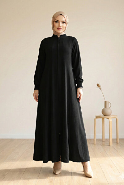 Kirazgym Women's Zippered Hooded Coat with Pockets and Elastic Sleeves - Black