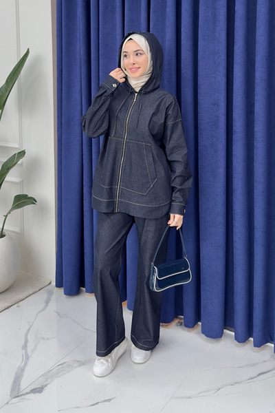 Tesettür Diyarı Simon Hooded Denim Hijab Suit - Navy Blue