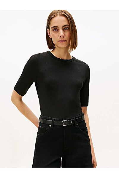 Tommy Hilfiger SLIM 5X2 RIB C-NK 1/2 SLV Kadın Siyah T-Shirt - WW0WW47308