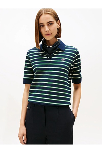 Tommy Hilfiger TH SCRIPT LYOCELL ZIP SS POLO Kadın Yeşil T-Shirt - WW0WW47853