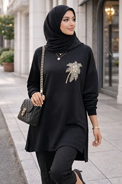 OKYANUS AVM Kadın Taş İşlemeli Oversize Tunik Sweatshirt – Palmiye Detaylı Ra...