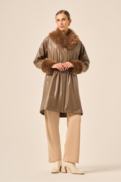 MODA S&S BZLİNE Fur Collar Leather Coat Coffee Color