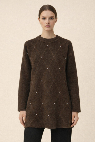 Kirazgym Bearded Baklava Pattern Stone Detailed Knitwear Tunic - Brown