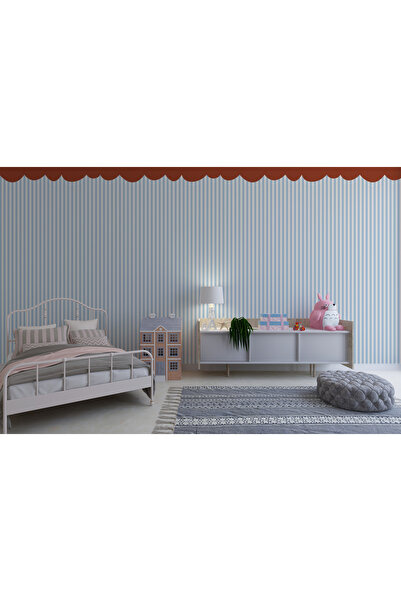 Tasarım Mavi Çizgili Scalloped Bordürlü Duvar Kağıdı Poster – Klasik Çocuk Od...