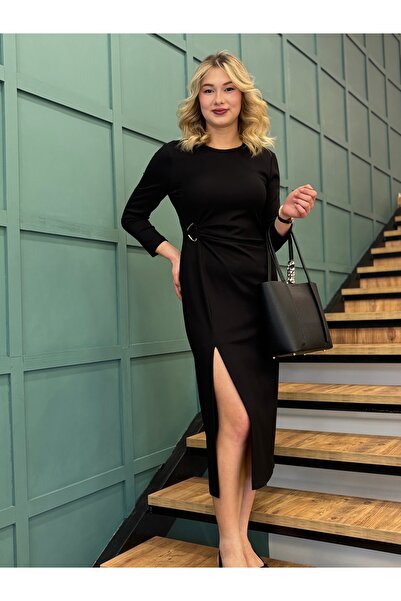 AYHAN Kadın Önü Büzgülü Yırtmaçlı Midi Boy Tokalı Elbise