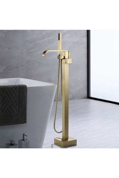 OEM Freestanding Bathtub Faucet, Square Design, 2 Functions, Brass, Brushed Gold