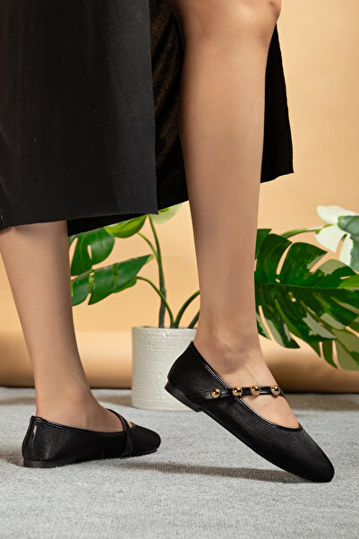 bakacstore Kadın Siyah Gold Aksesuarlı Şık Parlak Kumaş Babet