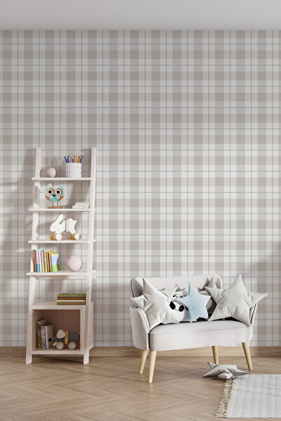 Tasarım Bej Kareli Duvar Kağıdı Poster – Sade Modern Çocuk Odası Duvar Dekoru