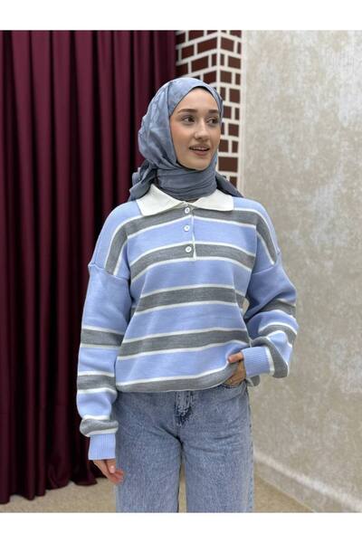 İLGEN FASHİON Polo Collar Oversized Striped Sweater