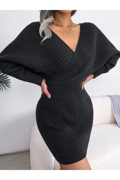nedo7 Women's Long Sleeve Double-Breasted Wide Neck Mini Knitwear Dress