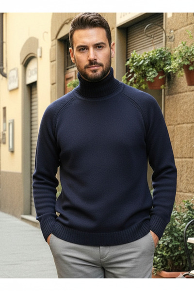 Millionaire Men's Navy Blue Italian Raglan Sleeve Detailed Thick Turtleneck R...