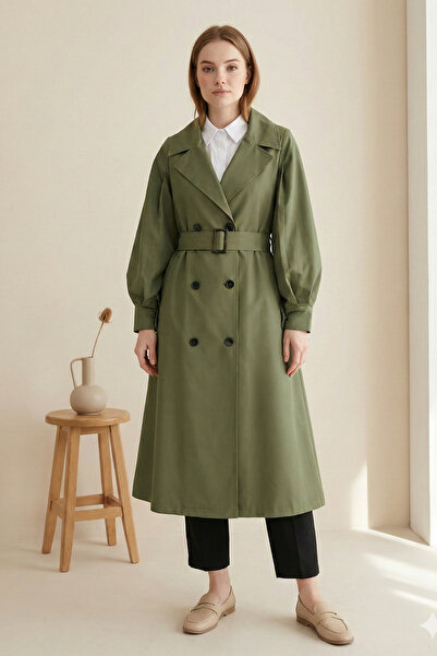 Kirazgym Balloon Sleeve Buckle Belted Side Pocket Trench Coat - Khaki