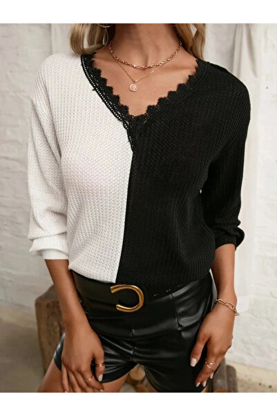 nedo7 Women's Long Sleeve V-Neck Double Color Knitwear Blouse