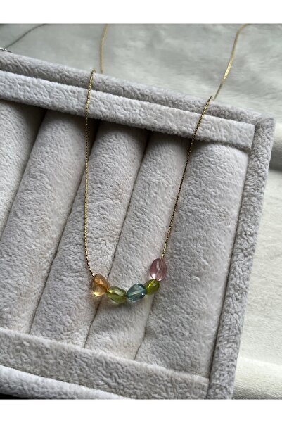 Pel Design Amorf Renkli Necef Taşı Altın Kaplama Kolye El Yapımı
